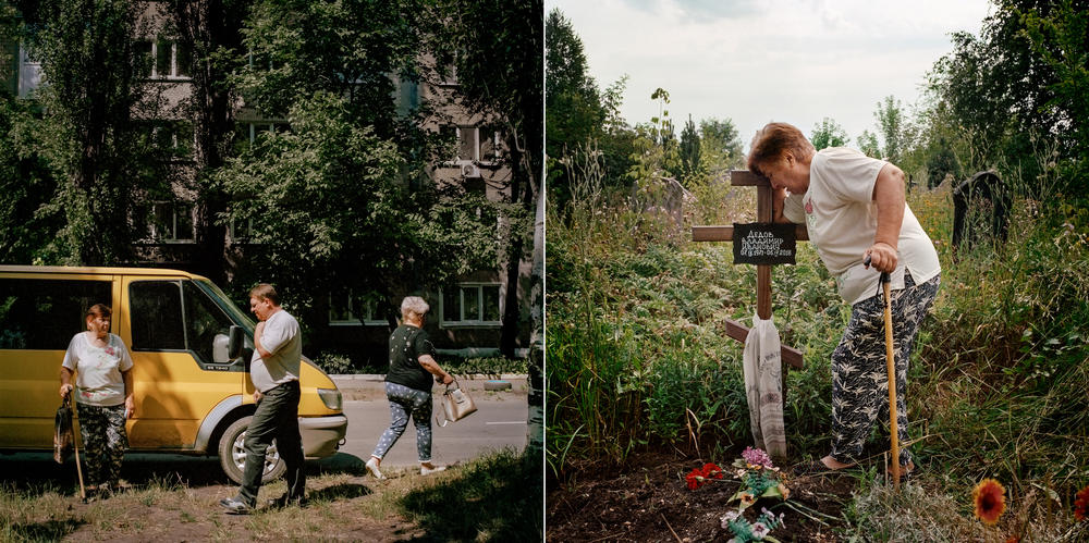 Left: Rodion (center) brings people back to Avdiivka from a visit to a graveyard in the gray zone village of Opytne. Right: Anna Dedova, 75, at the grave of her son who was killed by unexploded ordnance near his home. This visit was a rare occasion for people to visit the graves of their loved ones, as the graveyard was largely inaccessible due to landmines. July 2019.