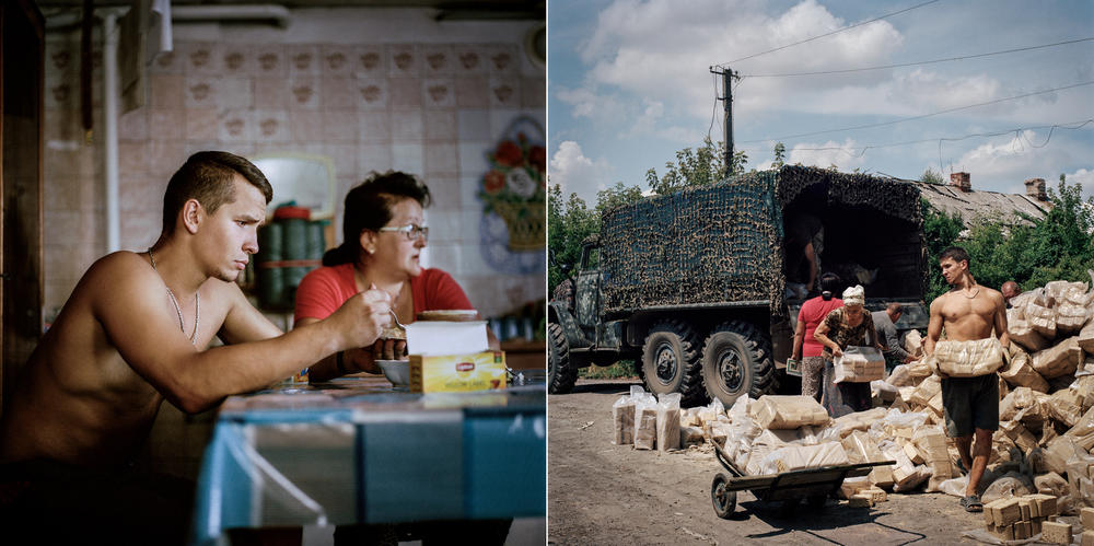 Left: Elena and her son, Viktor, in their kitchen shed, where the family were living after their house was heavily shelled. Right: Villagers collect sawdust briquettes that have been delivered by the Red Cross in Opytne. Electrical and gas infrastructure in Opytne was destroyed by the war, so, between 2014 and 2022, this fuel was used to heat homes every winter. July 2019.