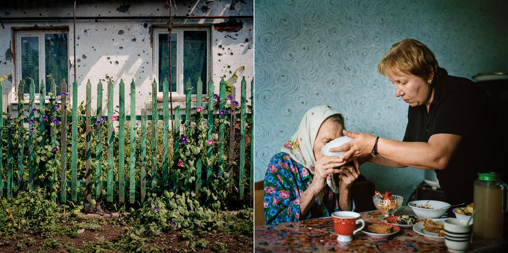 Left: A shelled house in Opytne. Right: Tatiana Batskalyova cares for her 90-year-old mother-in-law, Lira. Both women fled their house in Opytne, in the gray zone between Avdiivka and Donetsk, which was destroyed by shelling. Currently, they live in an apartment in Avdiivka that was also heavily damaged by shelling and then renovated by the family. July 2019.