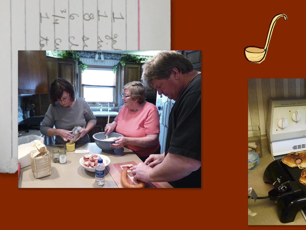 Left: Erin Rhode's mother, Kathy Rhode (left); Erin's maternal grandmother, Velma Freisleben Thein; and Erin's uncle, Bob Freisleben. Right: Bob Freisleben prepares specken dicken.