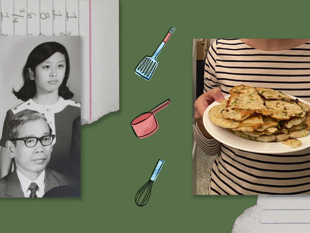 Left: A family photo of Lily Liu and her father, Tai. Right: A plate full of scallion pancakes held by Lily's niece.