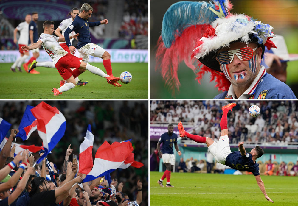 Top left: France's forward Antoine Griezmann (No. 7) fights for the ball with Poland's midfielder Przemyslaw Frankowski (No. 24) during the Qatar 2022 World Cup round of 16 football match between France and Poland on Dec. 4 in Doha. Bottom left: France supporters wave national flags. Top right: A France supporter poses for a picture. Bottom right: France's Olivier Giroud makes an overhead kick.