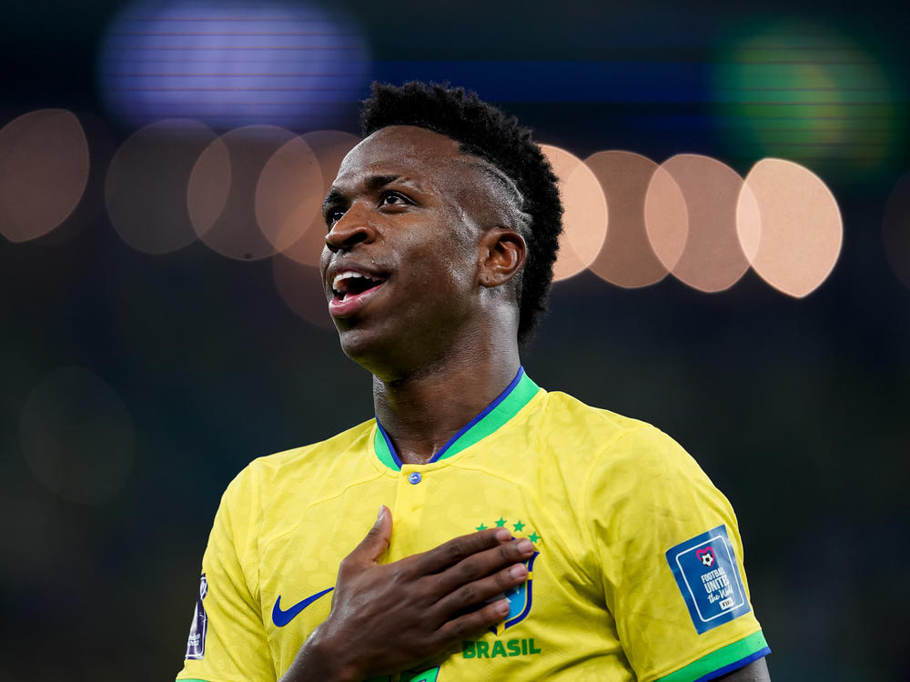 Player of Brazil Vinícius Júnior celebrates after scoring a disallowed goal during the FIFA World Cup Qatar 2022 group G soccer match between Brazil and Switzerland at Stadium 974 on Nov. 28, in Doha.