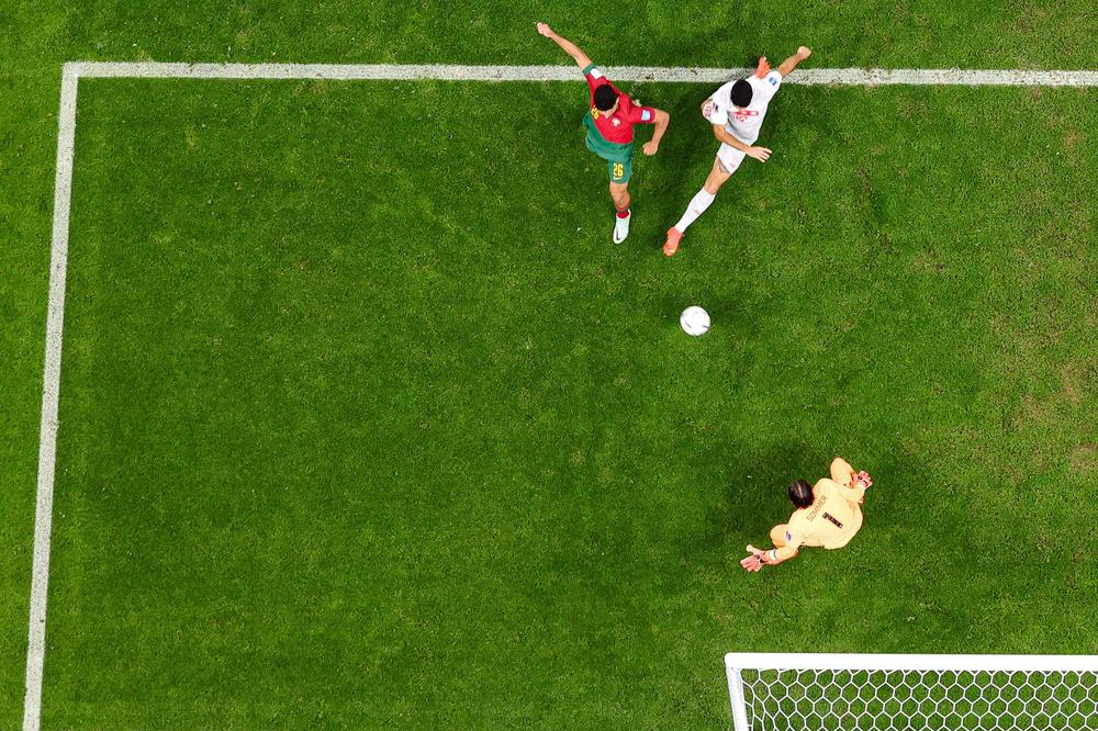 Portugal's Goncalo Ramos competes during a 2022 World Cup Round of 16 match with Switzerland on Tuesday, Dec. 6, at the Lusail Stadium in Lusail, Qatar.