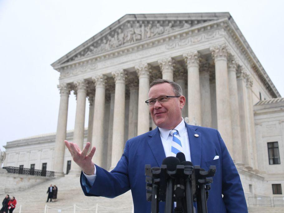 North Carolina House Speaker Tim Moore, a Republican, speaks Wednesday to reporters in front of the U.S. Supreme Court. State Republicans want the court to overturn a decision by the state Supreme Court that ruled that the Republican legislature, in drawing new congressional district lines after the 2020 Census, had violated the state constitution with an extreme partisan gerrymander.