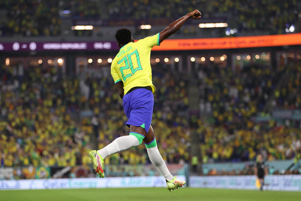 Vinícius Júnior of Brazil celebrates after scoring the team's first goal during the FIFA World Cup Qatar 2022 Round of 16 match between Brazil and South Korea at Stadium 974 on Monday in Doha.