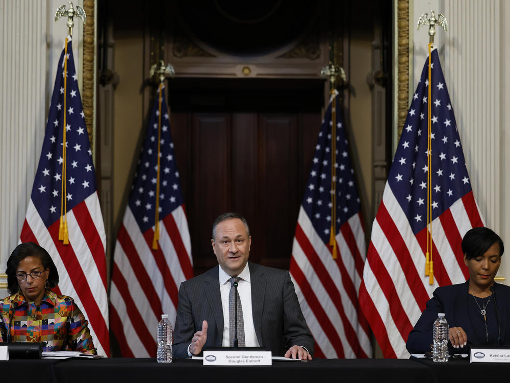Second gentleman Doug Emhoff, husband of Vice President Harris, delivers remarks during a roundtable about the rise of antisemitism.