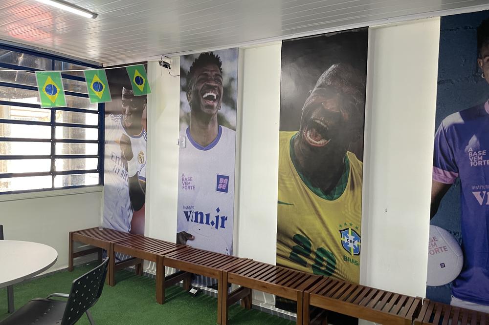 Large posters of Vinícius Júnior line the walls of a special classroom teachers set aside at the public elementary school where the Brazil national soccer team forward attended. He donated 10 cellphones with an app on them that was designed by his charity to help make learning more fun.