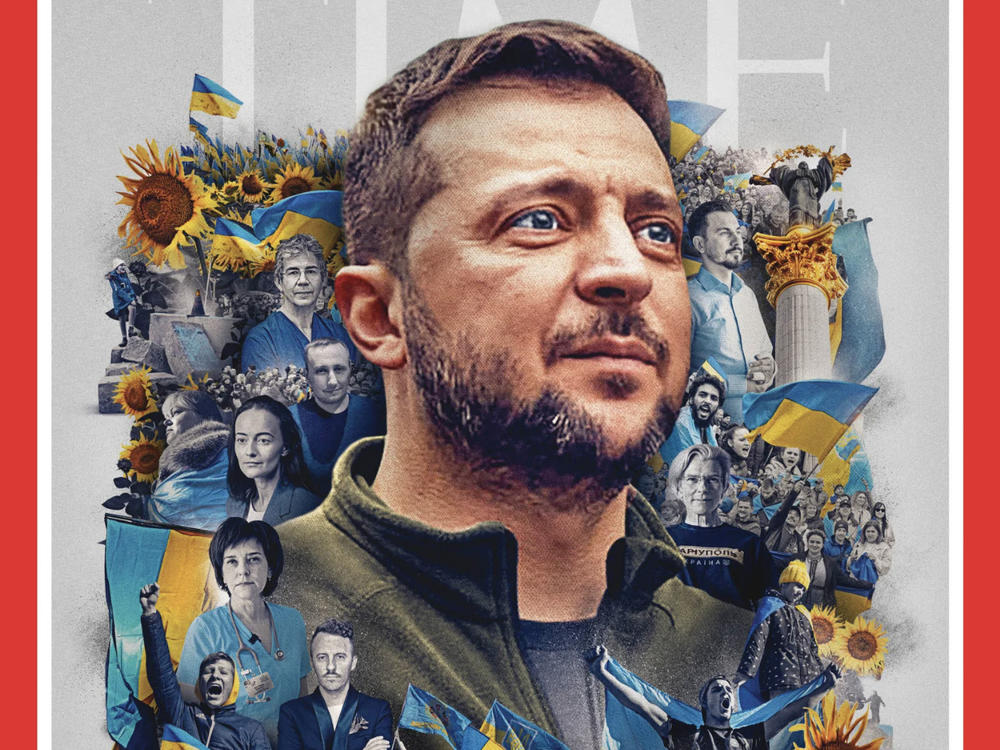 <em>Time</em> magazine's cover shows Ukrainian President Volodymyr Zelenskyy, surrounded by other individuals and crowds of protesters woven together with bright yellow sunflowers and blue and yellow Ukrainian flags.
