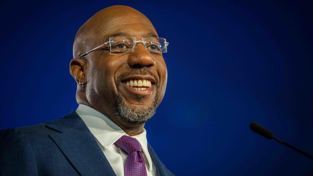 Democratic Sen. Raphael Warnock celebrates his election night victory at the Marriott Marquis in downtown Atlanta on December 6, 2022.