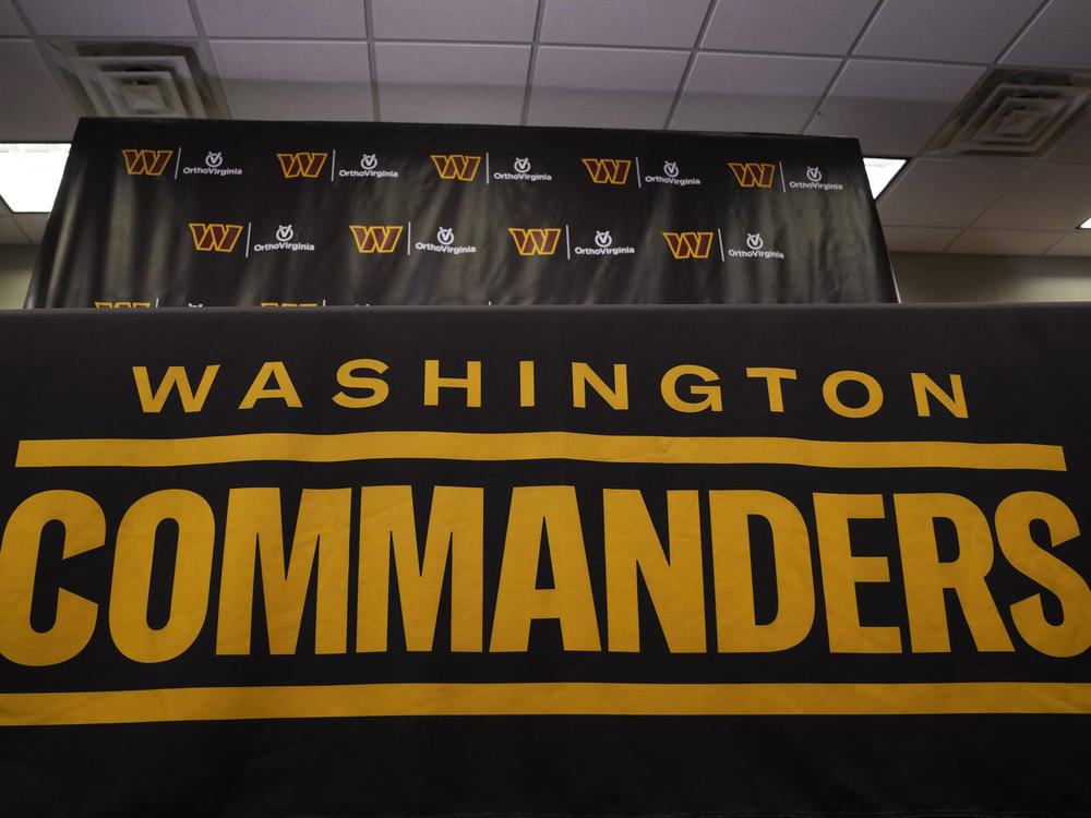 The Washington Commanders football team's name and logo is seen at the NFL football team's facility in Ashburn, Va., on Nov. 10. A report Thursday by the U.S. House Committee on Oversight and Reform said the team created a 