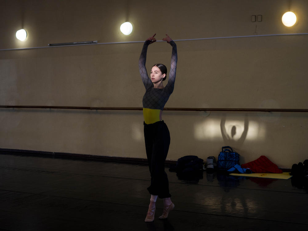 Anna Dobrova, 19, rehearses for a production of <em>The Snow Queen</em> by the Kyiv National Ballet at the National Opera in Kyiv on Sunday. The medley will be performed without music by Pyotr Tchaikovsky and Sergei Prokofiev this year.