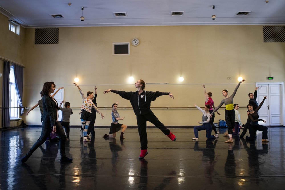 Performers with the Kyiv National Ballet rehearse for a production of <em>The Snow Queen</em> at the National Opera in Kyiv on Sunday.