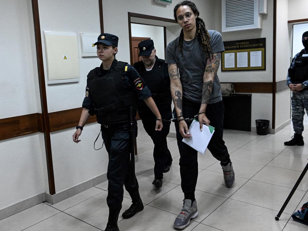 Griner leaves a courtroom after the court's verdict in Khimki outside Moscow, on Aug. 4.