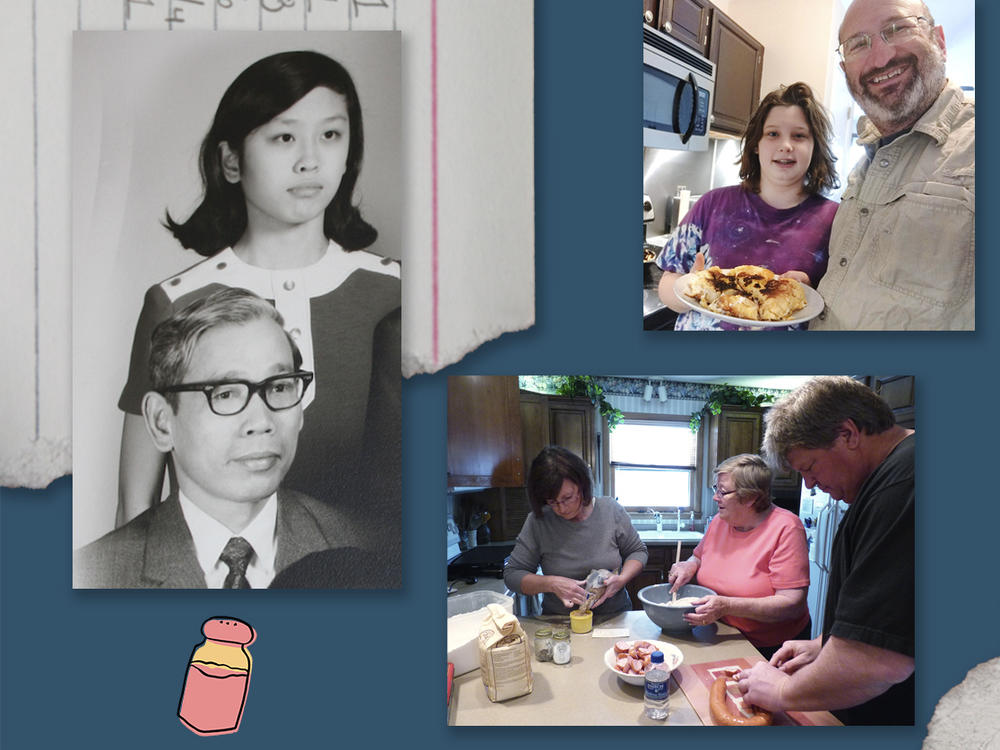 Clockwise from left: Lily Liu with her father; Alan Mishell with his son; kljukusa on a plate; and Erin Rhode's family preparing specken dicken.