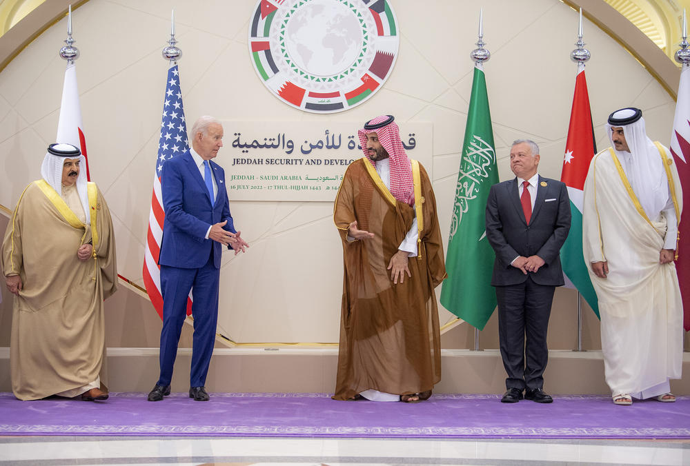From left: King of Bahrain Hamad bin Isa Al Khalifa, U.S. President Biden, Saudi Arabian Crown Prince Mohammed bin Salman, King Abdullah II of Jordan and Emir of Qatar Sheikh Tamim bin Hamad Al Thani attend the Jeddah Security and Development Summit in Jeddah, Saudi Arabia on July 16.