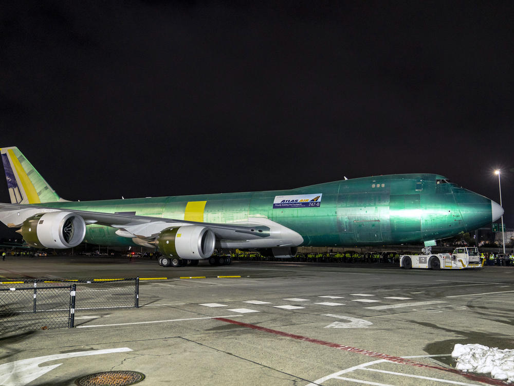 A last Boeing 747, a cargo freighter destined for Atlas Air, is seen during an event at the company's facility in Everett, Wash., on Tuesday.
