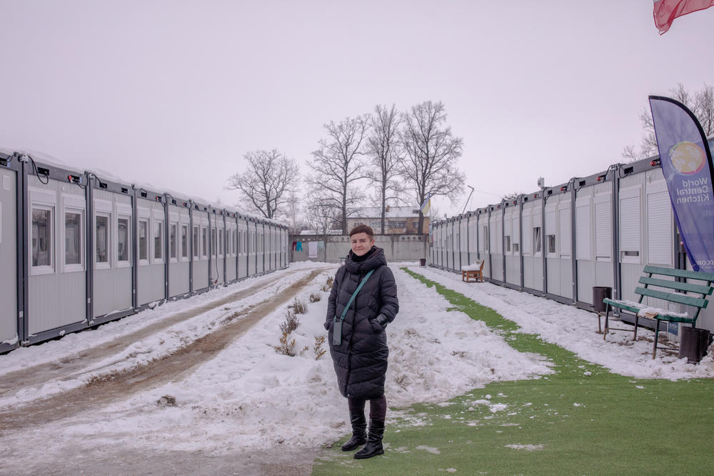 Olha Kobzar, head of the temporary housing module in Borodianka. More than 200 people live in the prefabricated, dormitory-style modules. She says it is full, and many more people would come if there was space.