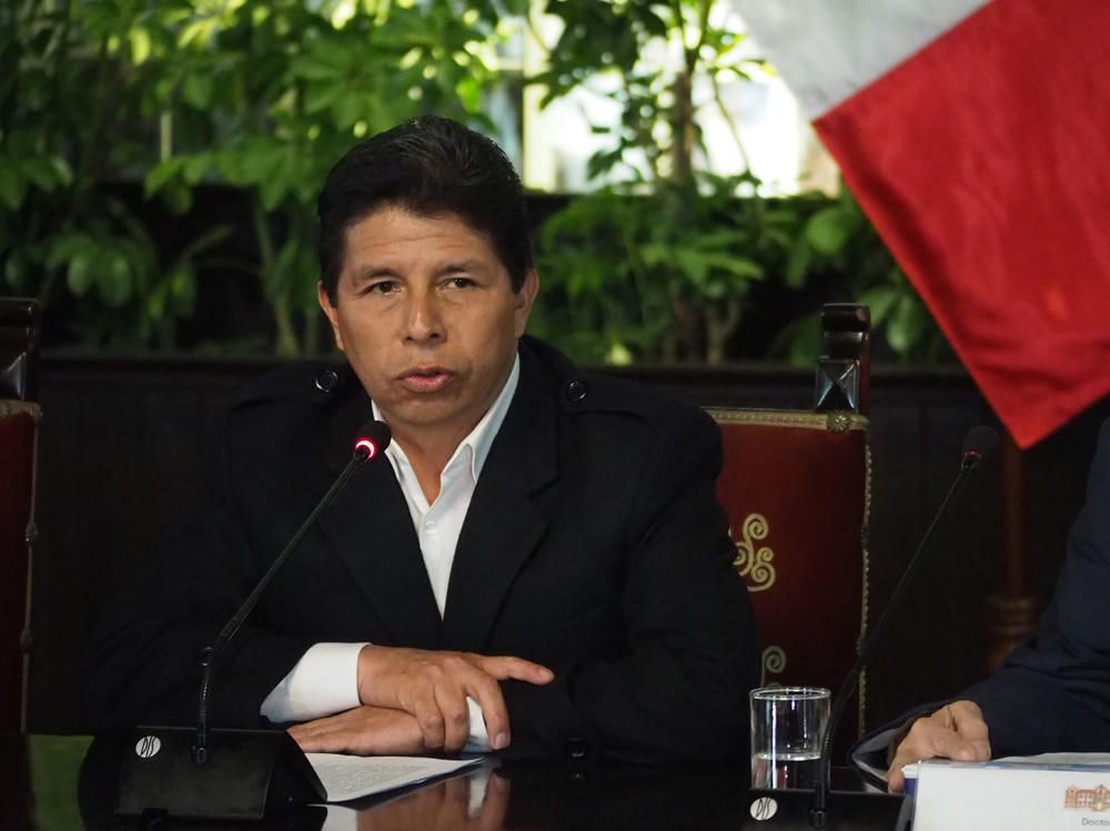 Peruvian President Pedro Castillo at a press conference for foreign journalists in Lima on Oct. 11.