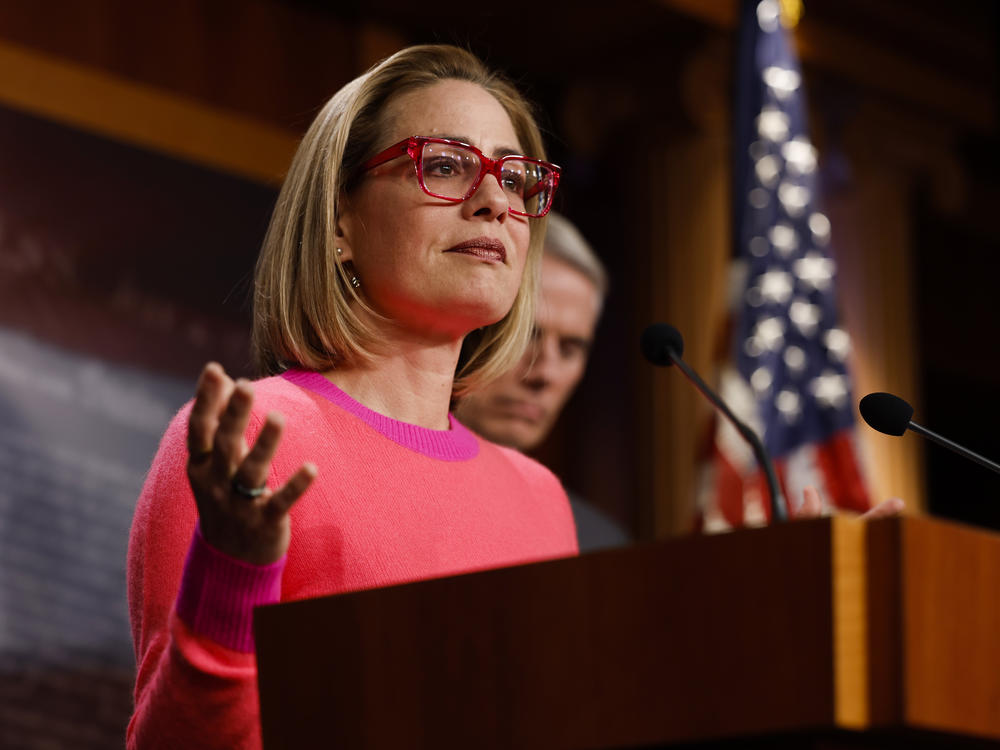 Sen. Kyrsten Sinema of Arizona speaks at the U.S. Capitol after the Senate passed the Respect for Marriage Act in November. Sinema announced Friday she would register as an independent rather than a Democrat.
