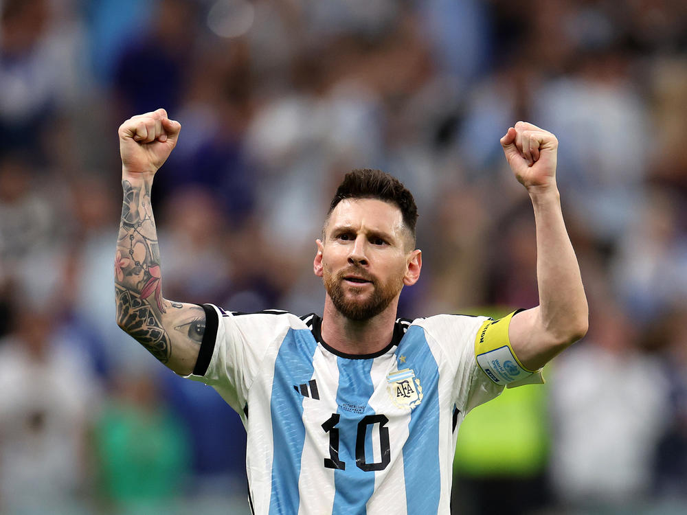 Lionel Messi of Argentina celebrates after scoring the team's second goal during the 2022 World Cup quarterfinal match against the Netherlands on December 09, 2022.