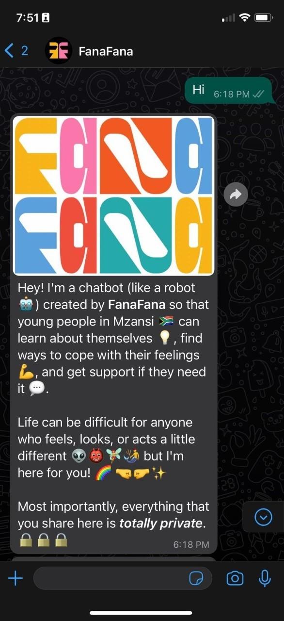 A sample of an exchange with a bot on the app SameSame, where users from the LGBTQI+ community can gain instant access to mental health resources.