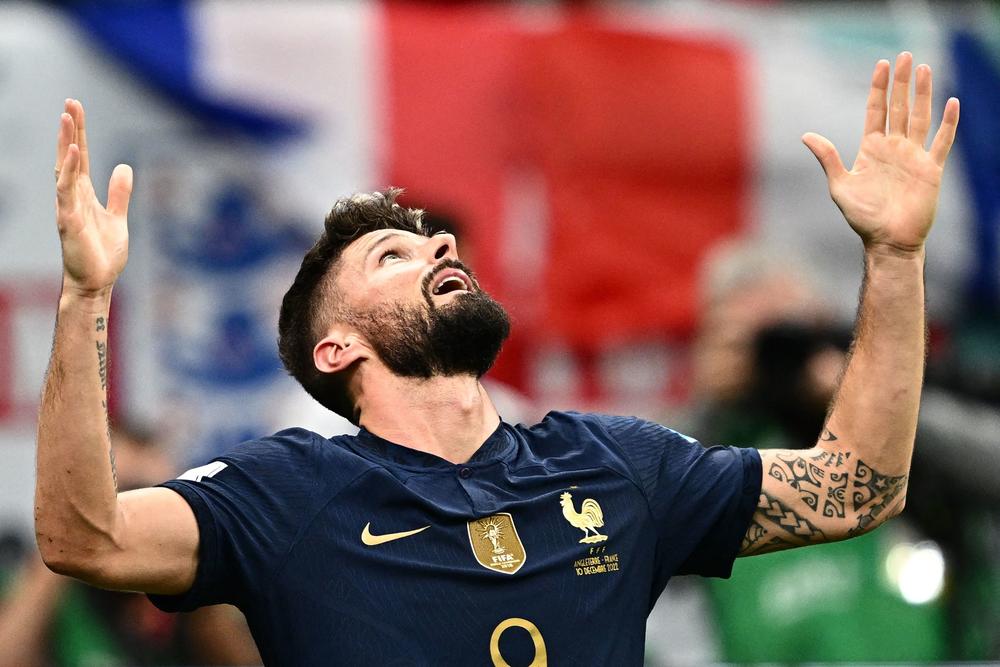 France forward Olivier Giroud celebrates scoring his team's second goal during their World Cup quarterfinal match against England.