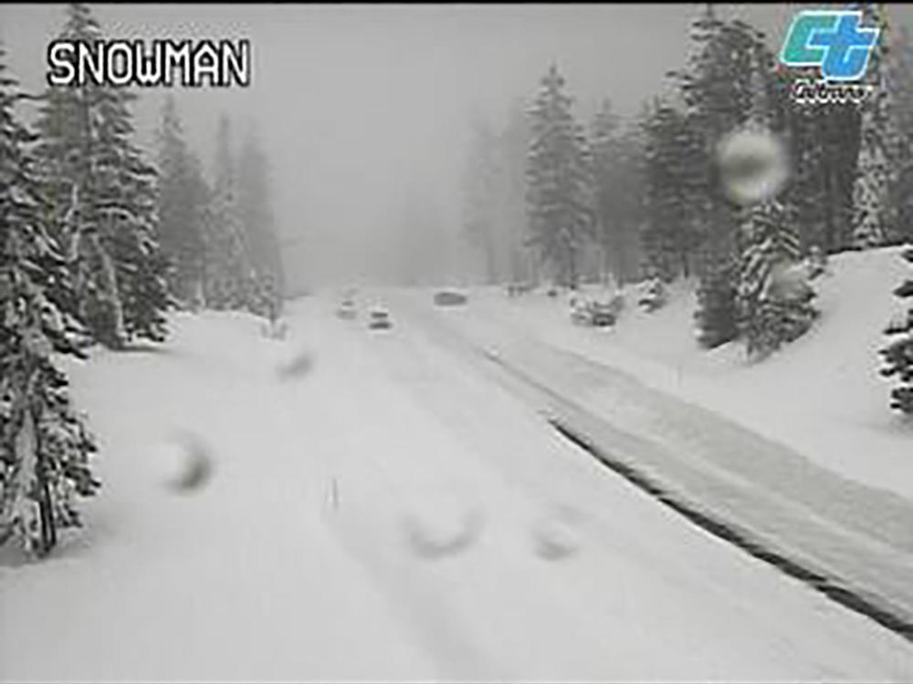 This image from a Caltrans traffic camera shows snow conditions on California SR-89 Snowman in Shasta-Trinity National Forest, Calif., Saturday, Dec. 10, 2022. A stretch of California Highway 89 was closed due to heavy snow between Tahoe City and South Lake Tahoe, Cali., the highway patrol said.