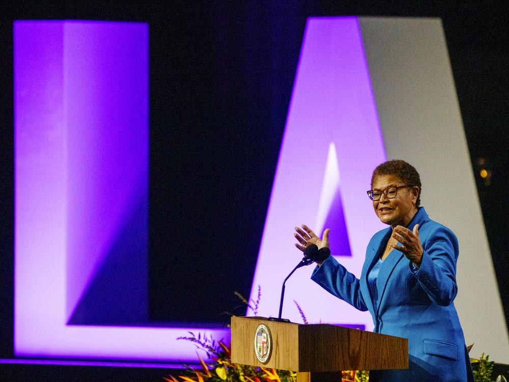 New Los Angeles Mayor Karen Bass speaks during her inaugural address on Sunday.