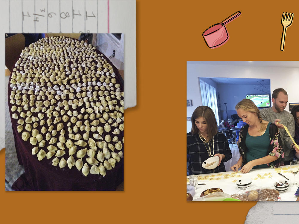 Left: Assembled cappelletti on a table. Right: James Hamilton's niece Julia Griffin (from left), his daughter Anna Hamilton, his son Robert Hamilton, his sister Susan Hamilton Griffin and his brother-in-law, Jim Griffin.