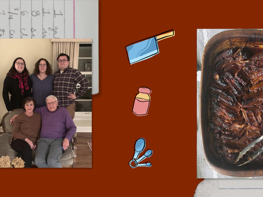 Left: Marissa Dates (clockwise from upper left), her mother, Ellen, her brother Nathan, her grandparents Bud and Diane. Right: Marissa's brisket.