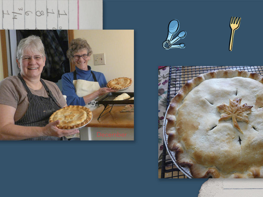 Left: Mona Grandbois and her sister Doris Adeline Grandbois Ray. Right: Tourtière, a French Canadian pork pie.