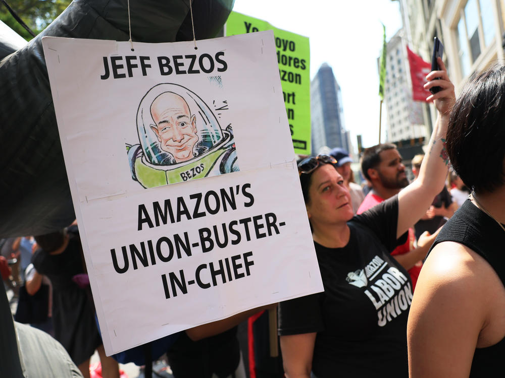 Pro-union protesters gather for a rally near the home of Amazon CEO Jeff Bezos on Sept. 5 in New York City.