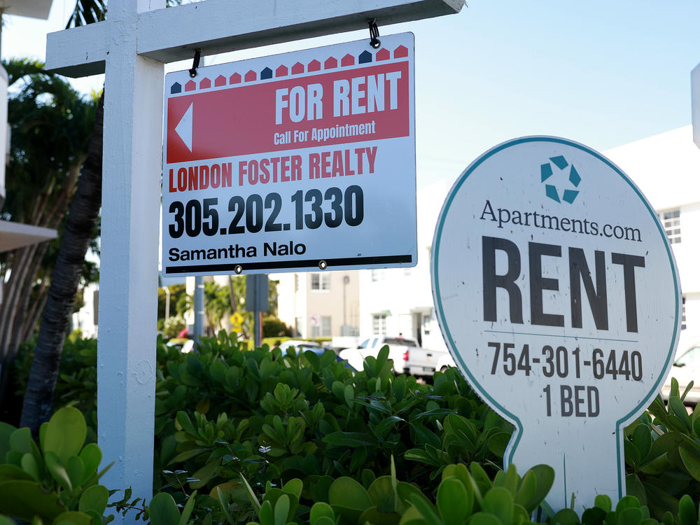 For Rent signs on Dec. 6, 2022, in Miami Beach, Fla. Reports indicate that apartment rents across the country dropped in November by the most in at least five years.