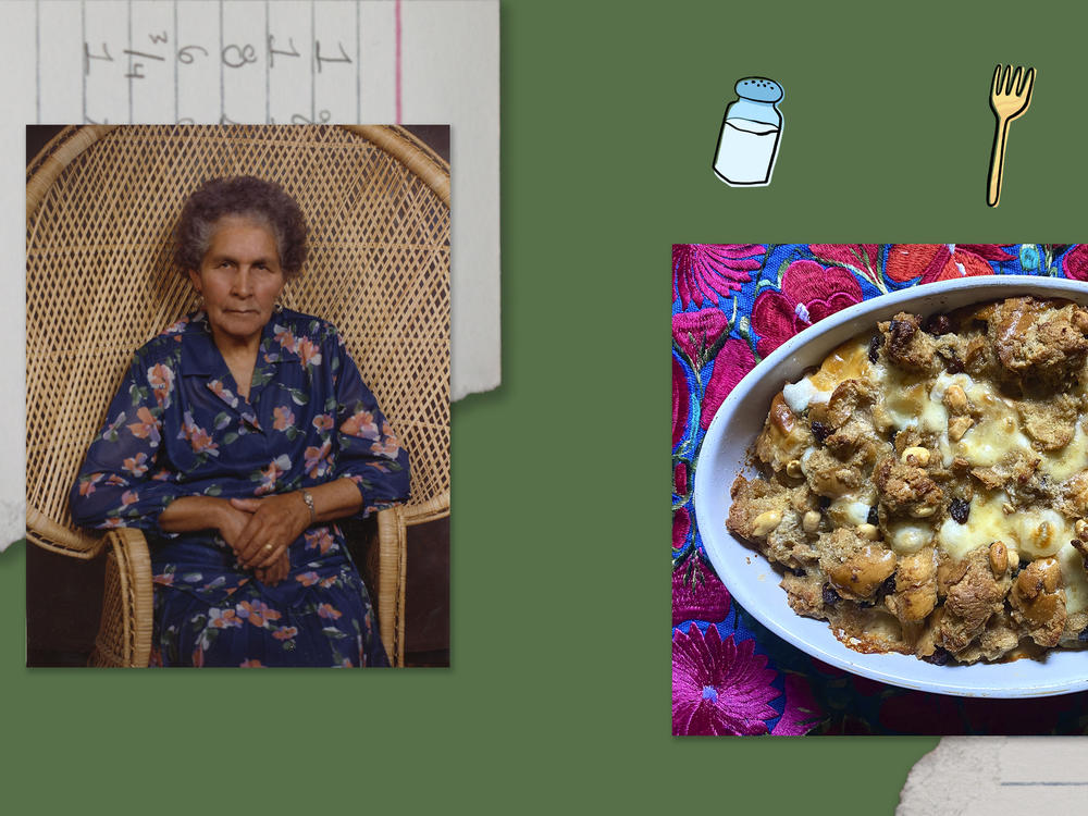 Left: A photo of Grandmother Petra. Right: A dish of capirotada sits on a colorful tablecloth.