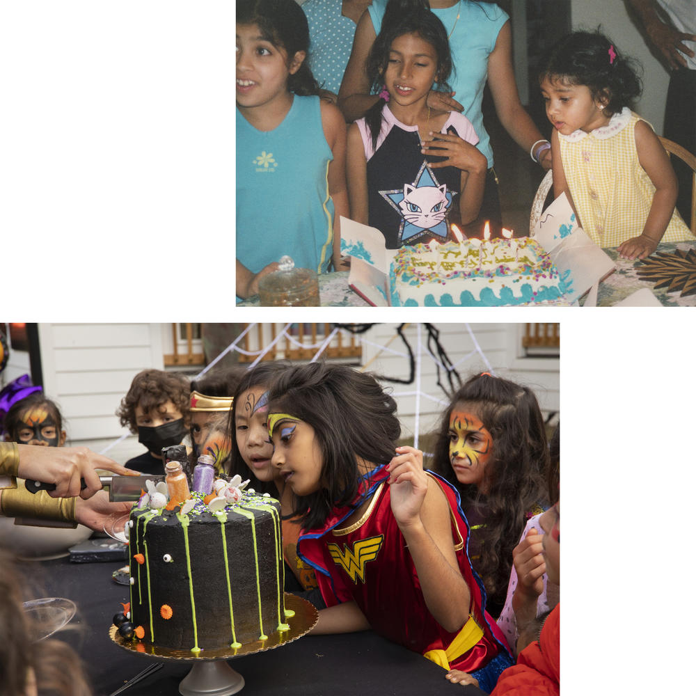 Top: Maansi, 3, examines her cousin Nikki Srivastava's birthday cake on her ninth birthday in the summer of 2003. Above:<strong> </strong>Kayla Patil, 7, examines her birthday cake at her Halloween-themed birthday party at her home in Vienna, Va.