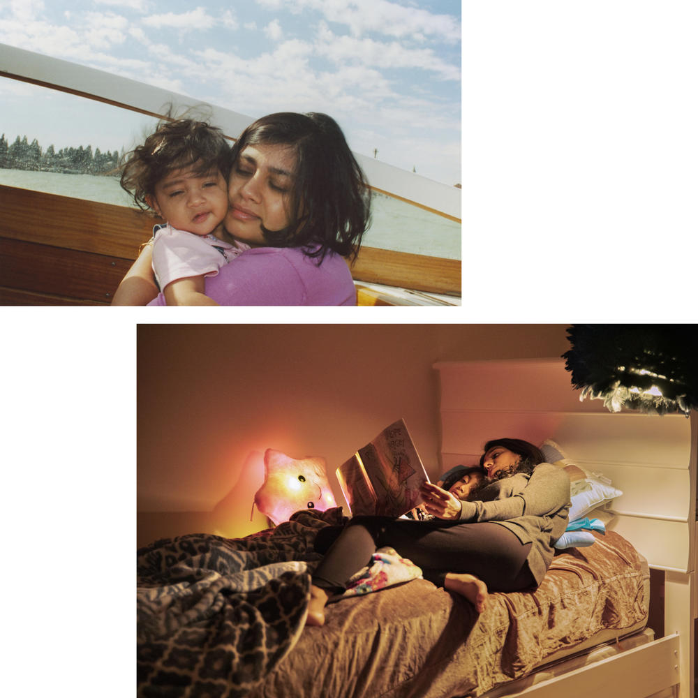 Top: In this old family photograph, circa 2001, Maansi's mother holds her tight while on a family vacation. She held her the same way at her Nani's funeral, only Maansi's head rests on top of hers now. Above:<strong> </strong>Tina Patil holds her daughter, Kayla, while reading her a bedtime story.