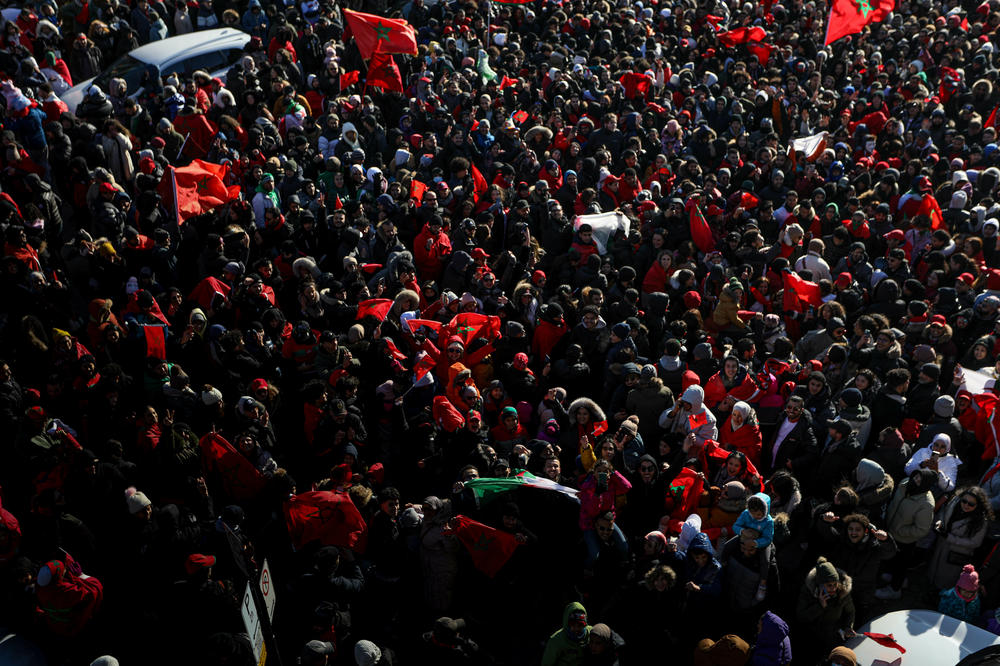 A large crowd gathers in Montreal after Morocco beat Portugal in the World Cup on Dec. 10. The team came into Wednesday's semifinal against France undefeated so far in Qatar.