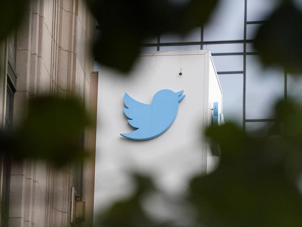 A sign at Twitter headquarters is shown in San Francisco on Dec. 8, 2022.
