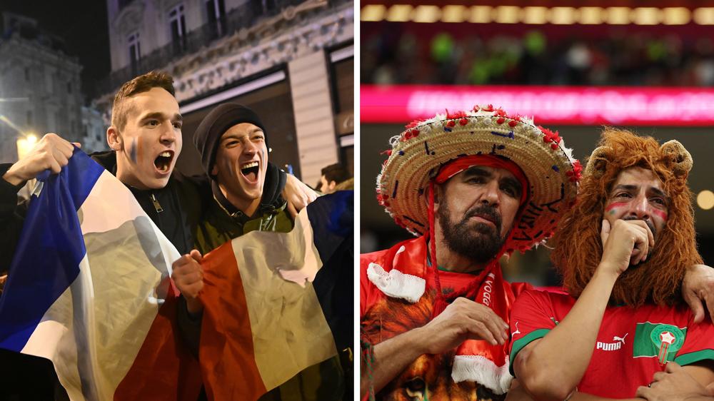 <strong>Left: </strong>France's fans celebrate their victory at Champs-Élysées in Paris after France defeated Morocco in a 2022 World Cup semifinal match on Wednesday, Dec. 14. <strong>Right: </strong>Morocco's fans react after the team lost, 2-0, in a semifinal match with France on Wednesday, Dec. 14, at the Al-Bayt Stadium in Al Khor, north of Doha, Qatar.