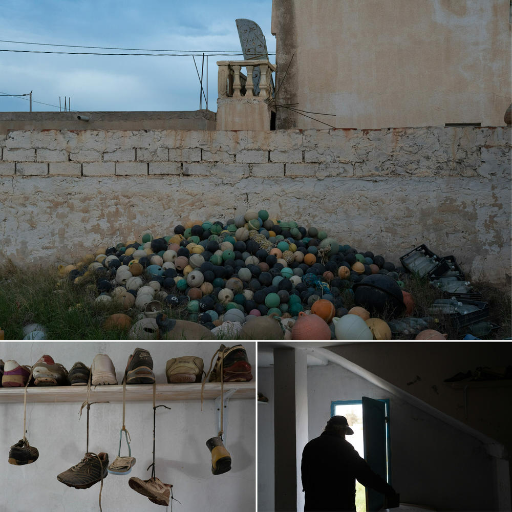 Top: A pile of bouys is part of the museum's collection. Bottom left: Shoes sit on and dangle from a shelf inside. Bottom right: Lihidheb leaves the museum to go to the backyard.