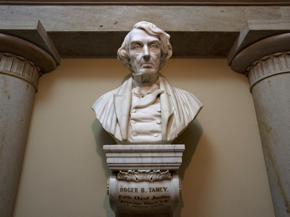 A marble bust of Chief Justice Roger Taney is displayed in the Old Supreme Court Chamber in the U.S. Capitol on March 9, 2020.