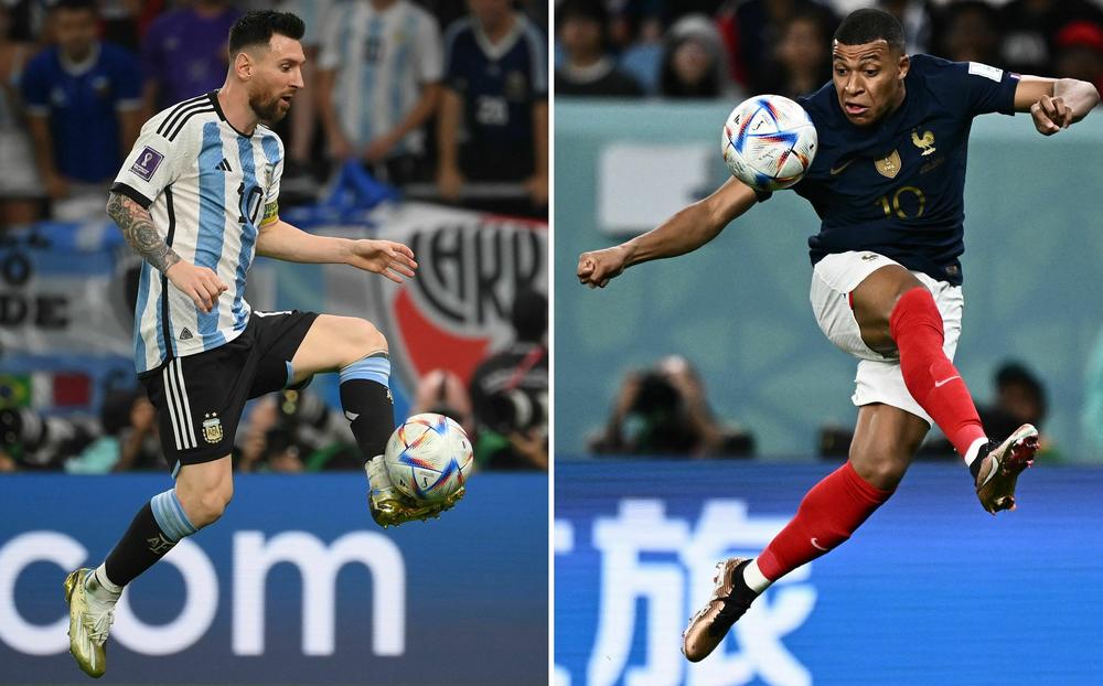 Argentina's forward #10 Lionel Messi (L) in Al-Rayyan, Qatar on December 3, 2022 and France's forward #10 Kylian Mbappé in Al-Wakrah. Argentina plays France in the 2022 World Cup final match in Doha, Qatar on December 18, 2022.