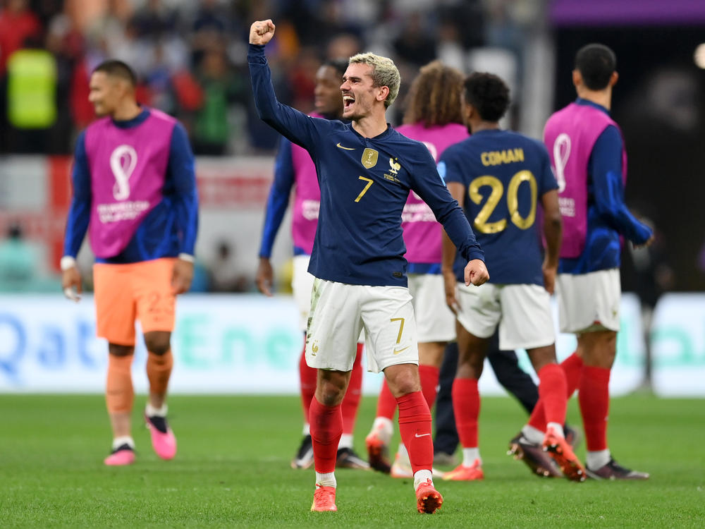 Antoine Griezmann celebrates after France's 2-1 win over England in the quarterfinals on December 10, 2022 in Al Khor, Qatar.