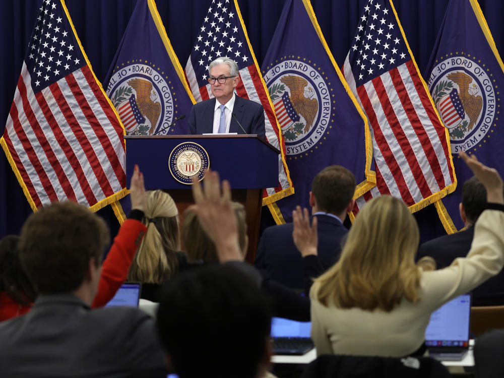 Federal Reserve Board Chairman Jerome Powell takes questions during a news conference after a Federal Open Market Committee meeting on Dec. 14. The Federal Reserve announced that it will raise interest rates by a 0.5 percentage point to 4.5.