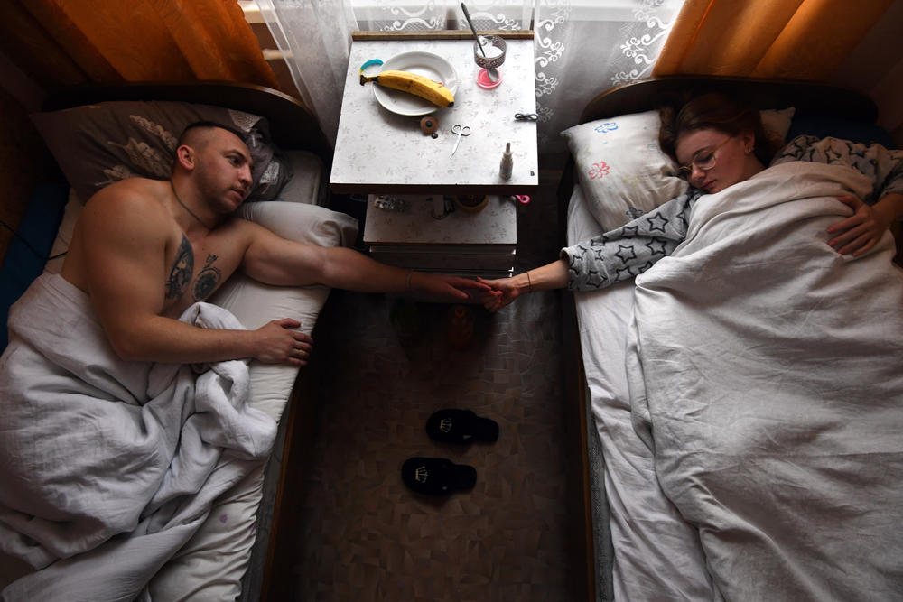The couple have spent the past five months in a tiny room in the hospital, where Varvarych has undergone rehabilitation after losing both of his legs in the war.