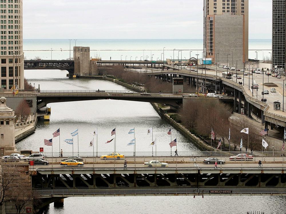 Chicago's Lake Shore Drive, Columbus Drive and Michigan Avenue double-leaf trunnion bascule bridges, top to bottom, are seen over the Chicago River on April 3, 2006.