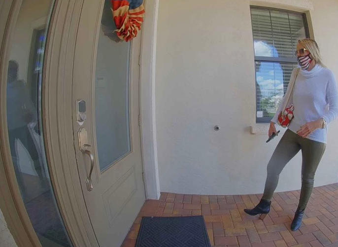 A screenshot from U.S. Rep. Brian Mast's doorbell camera shows Hentschel at his home in a gated community. Hentschel told Mast's wife she was reporting for ABC.