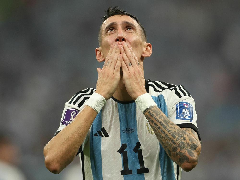 Argentina's midfielder #11 Angel Di Maria celebrates scoring his team's second goal during the Qatar 2022 World Cup final football match between Argentina and France at Lusail Stadium on December 18, 2022.