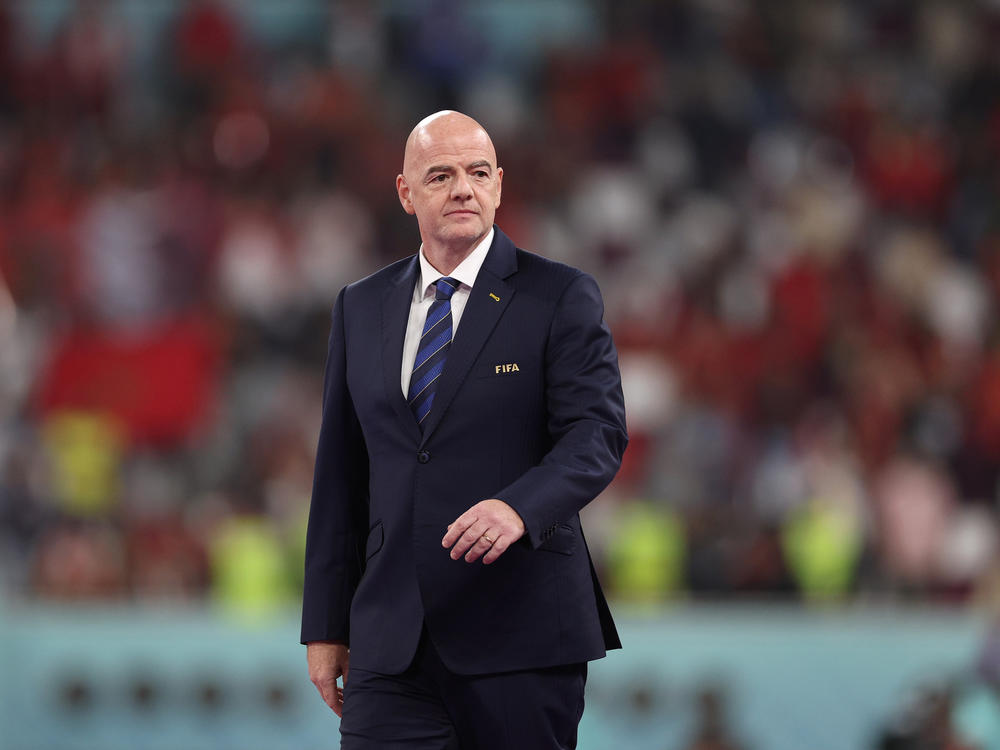 Gianni Infantino, President of FIFA, is seen before the ceremony during the FIFA World Cup Qatar 2022 3rd Place match between Croatia and Morocco at Khalifa International Stadium on December 17, 2022 in Doha, Qatar.